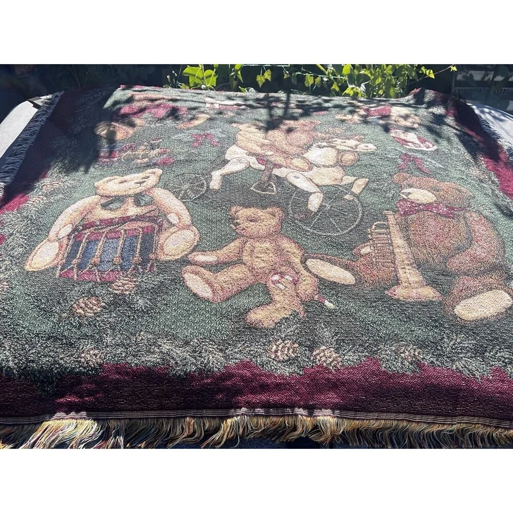 Vintage 1990s Woven Teddy Bear Throw Blanket Jacquard Fringe 52x57 Cottage Core
